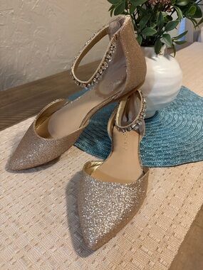 Copper Key Women’s Gold Glitter Pointed-Toe Flats with Jeweled Ankle Strap